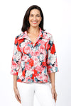 Cali Girls Giant Flowers Swing Blouse in Multi. Bright pink, red and white flowers on a navy background.  Spread collar pull over blouse with deep v neck.  3/4 sleeve with turnback cuff.  Back inverted pleat.  Single front patch pocket. High low hem.  Relaxed fit._t_34826833461448