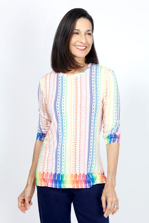 Lolo Luxe Becki Arrows Crew Top in Multi.  Vertical multi color stripes of arrow heads and broken lines on a white background.  Bold brush stroke border at hem and sleeve hem.  Crew neck top with 3/4 sleeves.  Relaxed fit._34940517122248