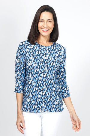 Lolo Luxe Becki Candyland Top in Navy.  Overlapping paint brush strokes in shades of blue and cream on a navy background.  Crew neck 3/4 sleeve top with ruched sleeve hem.  Relaxed fit._34943422300360