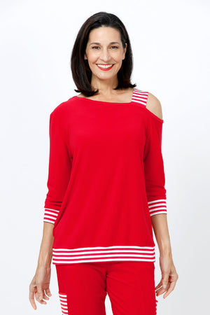 OURS Lola Stripe One Shoulder Top in Red with red and white stripe shoulder strap and band at hem. One shoulder top with rib stripe strap. 3/4 sleeves with rib stripe cuff. Stripe band at hem. Relaxed fit._34656949895368