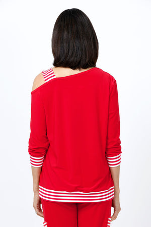 OURS Lola Stripe One Shoulder Top in Red with red and white stripe shoulder strap and band at hem. One shoulder top with rib stripe strap. 3/4 sleeves with rib stripe cuff. Stripe band at hem. Relaxed fit._34656949797064