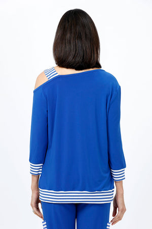 OURS Lola Stripe One Shoulder Top in Royal with royal and white stripe shoulder strap and band at hem. One shoulder top with rib stripe strap. 3/4 sleeves with rib stripe cuff. Stripe band at hem. Relaxed fit._34656949534920