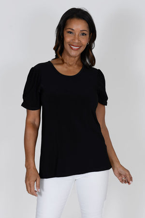 O.U.R.S. Whitney Ruched Sleeve Tee in Black. Low crew neck relaxed fit top with short ruched sleeve. A line shape. Straight hem._34575322284232