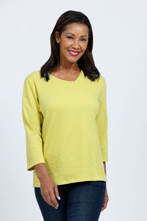 Top Ligne Off Center V Neck Tee in Sage.  Asymmetric v neckline, 3/4 sleeve.  Textured fabric.  A line shape. Relaxed fit._34742780002504