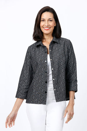 Lolo Luxe Denim Hearts Swing Jacket in Black. Jacquard abstract heart print. Pointed collar snap front swing jacket with 3/4 cuffed sleeve. Boxy shape. Relaxed fit._34814958436552