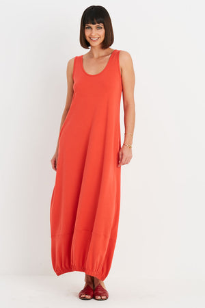 Planet Lantern Dress in Cherry red.  Scoop neck sleeveless dress with bubble skirt and cinched hem.  2 side seam pockets.  Oversized fit._34902763897032