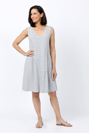 Organic Rags Stripe Tank Patch Dress in Gray with white stripes.  V neck sleeveless dress with front asymmetric patchwork of gathered squares.  Plain back with waist seam.  Relaxed fit._34842979729608