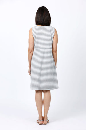 Organic Rags Stripe Tank Patch Dress in Gray with white stripes. V neck sleeveless dress with front asymmetric patchwork of gathered squares. Plain back with waist seam. Relaxed fit._34842979664072
