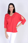 Top Ligne Striped Tee with Slit Sleeve in Red with white stripes. V neck 3/4 sleeve tee with ruched detail at shoulder and cuff. Slit down center sleeve. A line shape, slightly oversized fit._t_34162109710536