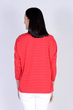 Top Ligne Striped Tee with Slit Sleeve in Red with white stripes. V neck 3/4 sleeve tee with ruched detail at shoulder and cuff. Slit down center sleeve. A line shape, slightly oversized fit._34162109841608
