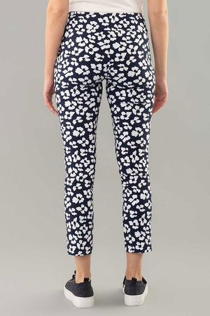 Lisette L Montreal Fortuna Ankle Pant in Navy with white vintage floral print. Pull on ankle pant with 3" elasticized waist band. Snug through stomach, slim to hem. 28" inseam._34960204169416