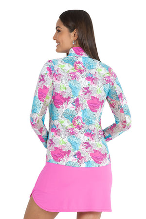IBKUL Paddy Mock Neck Zip Front Top in Hot Pink Multi. Abstract splash print with floral detail. Zip mock neck top with long sleeves with mesh inserts underarm. Fitted._34976179585224