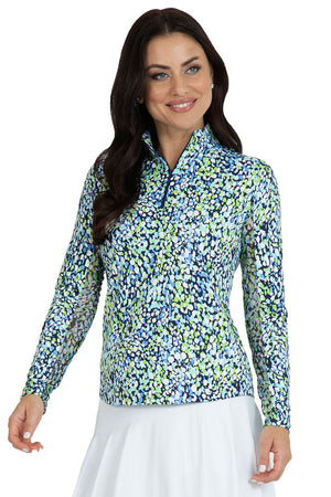 IBKUL Naomi Zip Mock Neck top in Navy/Lime.   Abstract brush dot print in lime, turquoise and white on a navy background. Zip mock neck with 1/4 zip at neckline. Long sleeves with mesh underarm panels. Slightly curved hem. Fitted._34976617005256