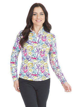 IBKUL Angie Zip Mock Neck top in multi.  Abstract graffiti print with splashes of hot pink, turquoise, yellow and purple on a white background.  1/4 zip mock neck top with long sleeves.  Mesh inserts under the arms.  Fitted._34976681590984