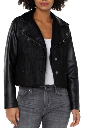 Liverpool Hybrid Moto jacket in Black.  Moto asymmetric collar and double snap sleeves on the body of a jean jacket.  Grommet buttons.  Contour seams.  Raw hem. Classic fit._34537595371720