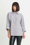 Planet Raglan Stripe Shirt in narrow black and white stripes.  Pointed collar button down.  Dolman long sleeves.  Front yoke diagonal seam detail.  Back yoke.  Center back inverted pleat.  One size fits many.  Oversized fit._t_34270449860808