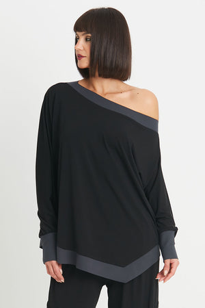 Planet Matte Jersey Boat Neck Top in Black with Obsidian gray trim at neckline, cuff and hem.  Boat neck with long sleeves and cinched cuff.  Asymmetric pointed hem in front.  Slightly curved hem in back.  Oversized fit.  One size fits many._34273174651080