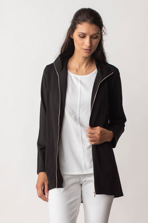LIV by Habitat Ponte Stella Jacket in Black.  Zip front jacket with convertible collar.  Contour seams.  Front inseam pockets.  Long sleeves.  High low hem.  A line shape.  Relaxed fit._35027353600200