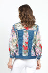 Frederique Multi Floral Embroidered Denim Jacket in Denim Blue. Hybrid mesh and denim jacket with embroidered flowers on mesh inserts. Jean jacket styling. Button front, long sleeve jacket with metal button closures. Classic fit._t_34919069909192