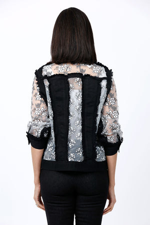 Frederique Embroidered Flower Denim Jacket in Black. Denim jacket with strips of embroidered floral mesh. Denim jacket._34815195447496