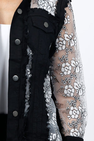 Frederique Embroidered Flower Denim Jacket in Black. Denim jacket with strips of embroidered floral mesh. Denim jacket._34815195414728