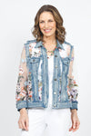 Frederique Embroidered Pastel Denim Jacket in Vintage.  Hybrid mesh and denim jacket with embroidered pastel flowers on mesh inserts.  Jean jacket styling.  Button front, long sleeve jacket with metal button closures.  Classic fit._t_34919063519432