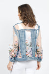 Frederique Embroidered Pastel Denim Jacket in Vintage. Hybrid mesh and denim jacket with embroidered pastel flowers on mesh inserts. Jean jacket styling. Button front, long sleeve jacket with metal button closures. Classic fit._t_34919063552200