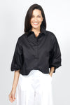 Planet Puffy Sleeve Shirt in Black. Pointed collar button down cropped shirt with covered button placket. Long baloon sleeve with gathered cuff. Oversized fit._t_35027728040136