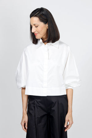 Planet Puffy Sleeve Shirt in White. Pointed collar button down cropped shirt with covered button placket. Long baloon sleeve with gathered cuff. Oversized fit._35027725025480