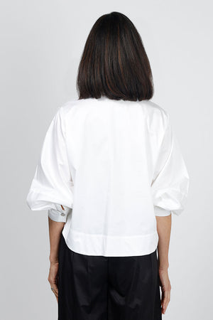Planet Puffy Sleeve Shirt in White. Pointed collar button down cropped shirt with covered button placket. Long baloon sleeve with gathered cuff. Oversized fit._35027724992712