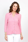 Top Ligne Pucker Button Down Top in Azalea. Pointed collar with v neck. Puckered button down. 3/4 sleeve. Relaxed fit._t_35577129009352