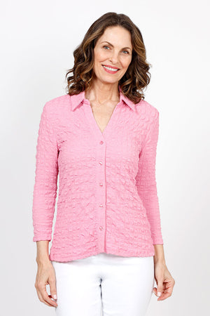 Top Ligne Pucker Button Down Top in Azalea. Pointed collar with v neck. Puckered button down. 3/4 sleeve. Relaxed fit._35577129009352