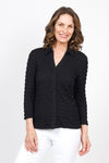 Top Ligne Pucker Button Down Top in Black. Pointed collar with v neck. Puckered button down. 3/4 sleeve. Relaxed fit._t_35577128878280