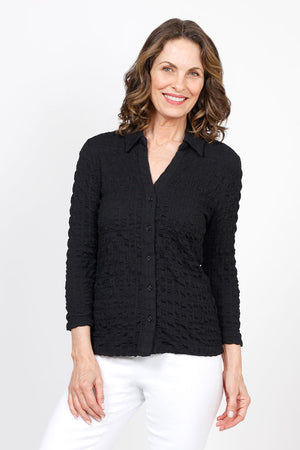 Top Ligne Pucker Button Down Top in Black. Pointed collar with v neck. Puckered button down. 3/4 sleeve. Relaxed fit._35577128878280