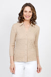 Top Ligne Pucker Button Down Top in Sand. Pointed collar with v neck. Puckered button down. 3/4 sleeve. Relaxed fit._t_35577129042120