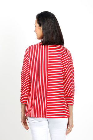 Top Ligne Striped Dolman Sleeve Top in Red/White. Crew neck with banded neckline. 3/4 dolman sleeve with cuff. Horizontal stripes on 1 side of front and back; vertical on the other. Center seams. Relaxed fit._35020812353736