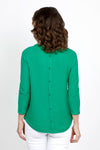 Ten Oh 8 Button Back Sweater in Green. Crew neck 3/4 sleeve horizontal textural rib. Curved hem. Braid trim at neck, hem and cuff. Button detail down center back. Relaxed fit._t_35432693137608