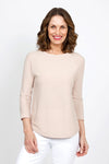 Ten Oh 8 Button Back Sweater in Sand. Crew neck 3/4 sleeve horizontal textural rib. Curved hem. Braid trim at neck, hem and cuff. Button detail down center back. Relaxed fit._t_35432693235912
