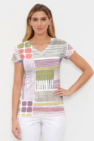 Whimsy Rose Abstract Geo Cap Sleeve Top.  Pink, purple, green and gold circle and line print on a white background.  High v neck cap sleeve top.  Burnout fabric.  Sublimation smiles create one of a kind effect.  Straight hem.  A line shape._34300660416712