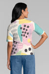 Whimsy Rose Domino Pastel Elbow Sleeve Tee. Bright pink green yellow and blue abstract blocks and black dots on a white background. V neck elbow sleeve a line tee. Relaxed fit._t_34899418480840