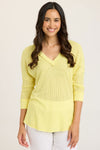Wearables Mesh Fira Pullover in Illume Pigment, a neon yellow.  V neck mesh pullover with 3/4 sleeve and drop shoulder.  Rib trim at neck and cuff with raw edge.  Curved hem with raw edge.  Relaxed fit._t_35102551736520