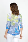 Top Ligne Splats & Droplets Crew Top.Bright blue and yellow splash print with gray and black abstract droplets on white. Crew neck 3/4 sleeve crinkle top. Shirt tail hem. Relaxed fit._t_35013283905736