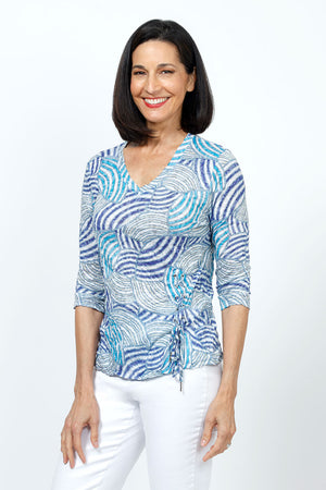 Top Ligne Abstract Shells Grommet Top.  Abstract swirl print in shades of blue and white.  V neck crinkle top with 3/4 sleeve  Lace up and grommet detail at left side.  Relaxed fit._35222493102280