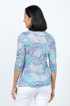 Top Ligne Abstract Shells Grommet Top. Abstract swirl print in shades of blue and white. V neck crinkle top with 3/4 sleeve Lace up and grommet detail at left side. Relaxed fit._35222493167816