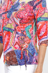 Top Ligne Chroma Art Grommets Top. Brightly colored abstract art print. V neck with banded neckline and 3/4 sleeve. Grommet and lace-up detail on lower left side. Relaxed fit._t_35333631967432
