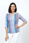 Top Ligne Rose Shadow Lines Snap Front Top.  Lilac and blue watercolor stripes over a jacquard sketched rose print.  Pointed color snap front with pairs of colored snaps.  3/4 sleeve with split hem and lace accents.  A line shape.  Relaxed fit._t_35222553559240