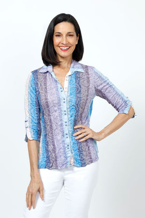 Top Ligne Rose Shadow Lines Snap Front Top.  Lilac and blue watercolor stripes over a jacquard sketched rose print.  Pointed color snap front with pairs of colored snaps.  3/4 sleeve with split hem and lace accents.  A line shape.  Relaxed fit._35222553559240
