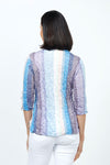 Top Ligne Rose Shadow Lines Snap Front Top. Lilac and blue watercolor stripes over a jacquard sketched rose print. Pointed color snap front with pairs of colored snaps. 3/4 sleeve with split hem and lace accents. A line shape. Relaxed fit._t_35222553624776