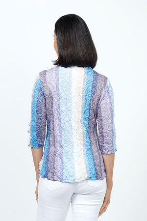 Top Ligne Rose Shadow Lines Snap Front Top. Lilac and blue watercolor stripes over a jacquard sketched rose print. Pointed color snap front with pairs of colored snaps. 3/4 sleeve with split hem and lace accents. A line shape. Relaxed fit._35222553624776