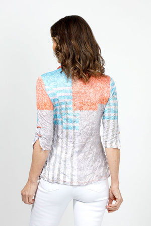 Top Ligne Pattern Mix Snap Front Shirt in Blue Orange & White. Mixed prints in patchwork pattern. Pointed collar snap front shirt with pairs of colored snaps down front. 3/4 sleeve with split cuff and laces trim. Shirt tail hem. Crinkle fabric. Relaxed fit._34981294899400